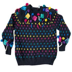 VTG The Bonnie Boerer Company Colorful Pom Pom Confetti Christmas Sweater SZ L